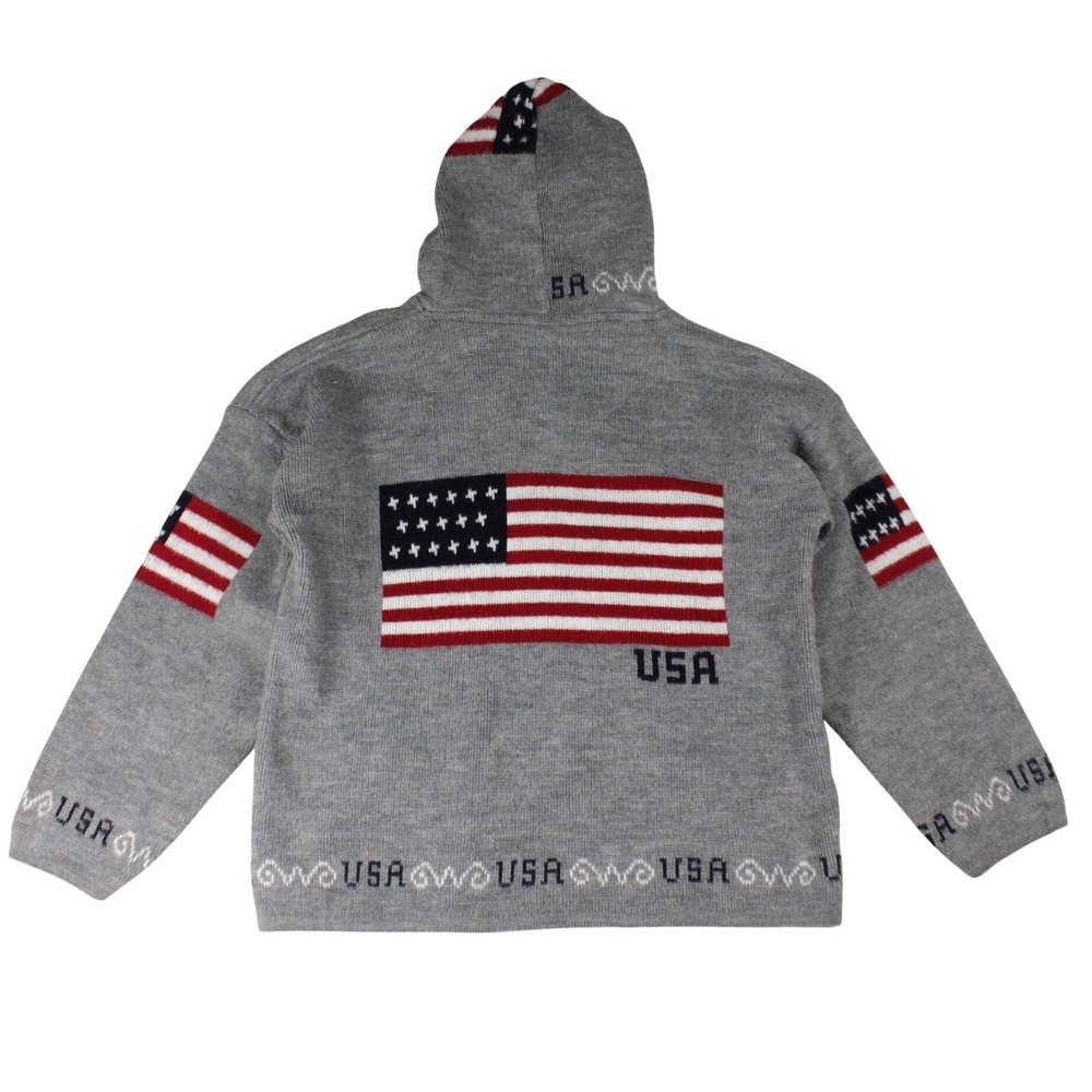 Vintage USA Flag Wool Hooded Zip Sweater Jacket Gray Patriotic Large - Picture 2 of 9